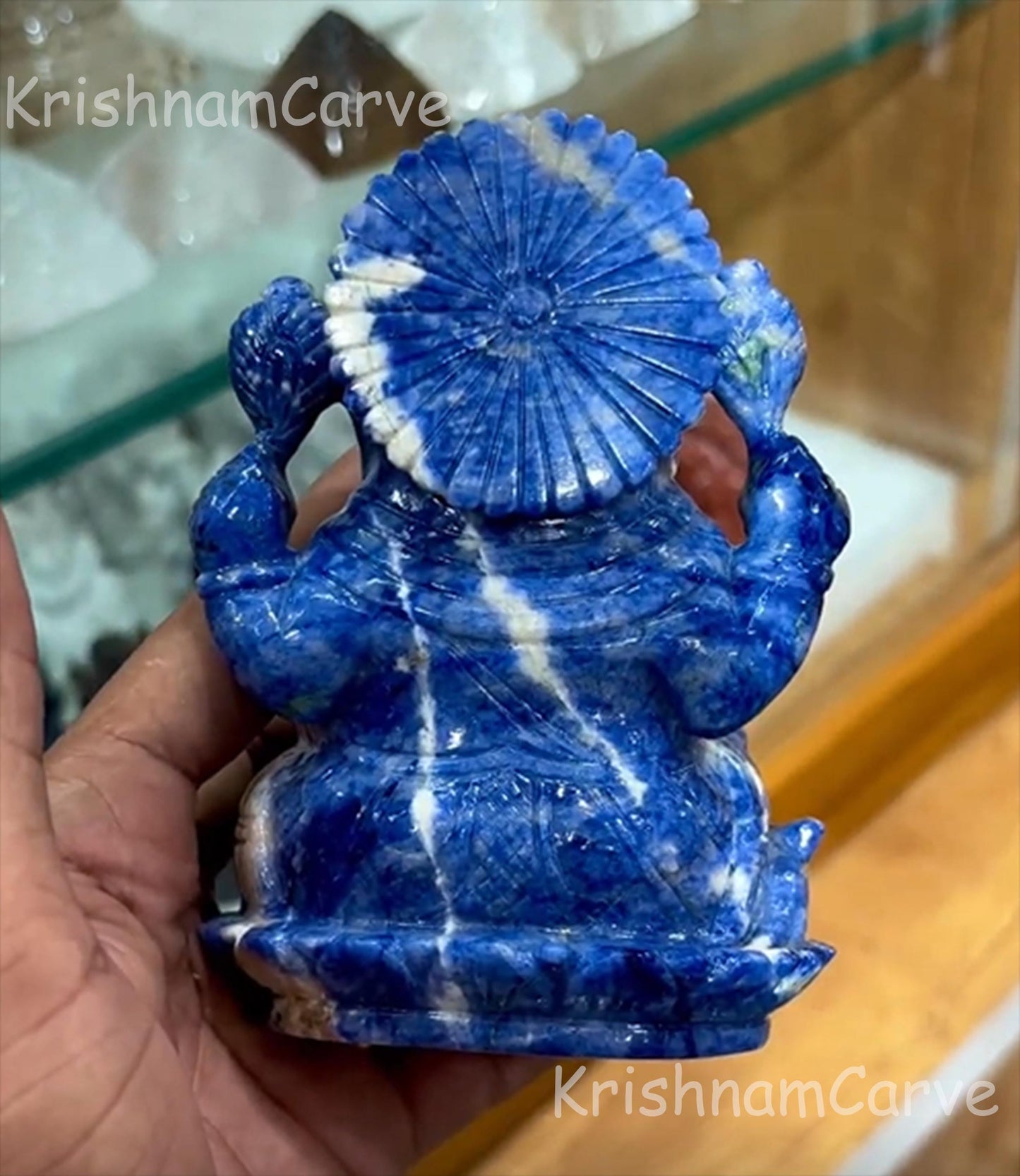 Blue Sodalite Ganesha Idol | Hand-Carved Ganesh Statue | Natural Crystal Stone | Hindu God Figurine | Home Temple Decor | KrishnamCarve