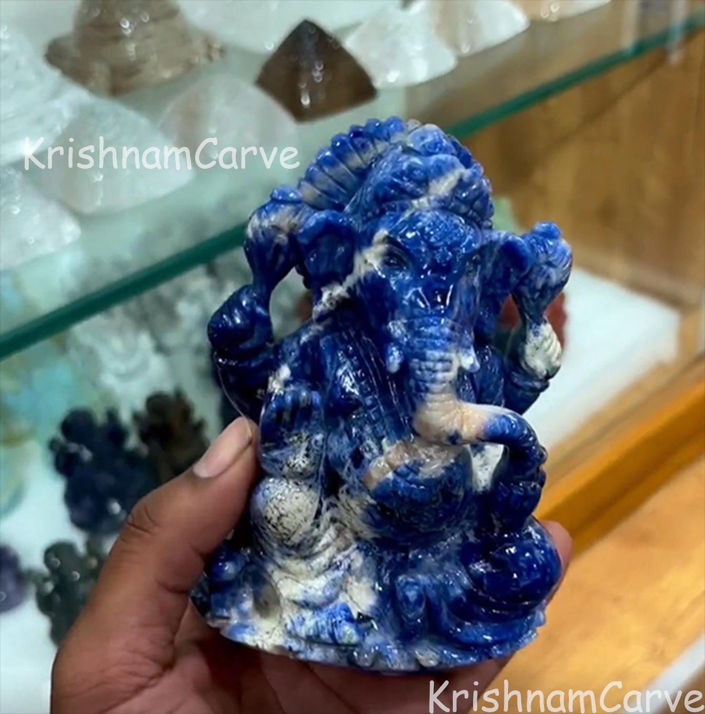 Blue Sodalite Ganesha Idol | Hand-Carved Ganesh Statue | Natural Crystal Stone | Hindu God Figurine | Home Temple Decor | KrishnamCarve