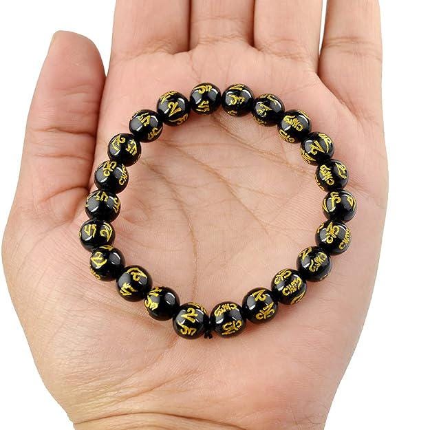 Black Obsidian Om Mani Padme Hum Bracelet – 8mm Tibetan Mantra Beads for Protection & Healing
