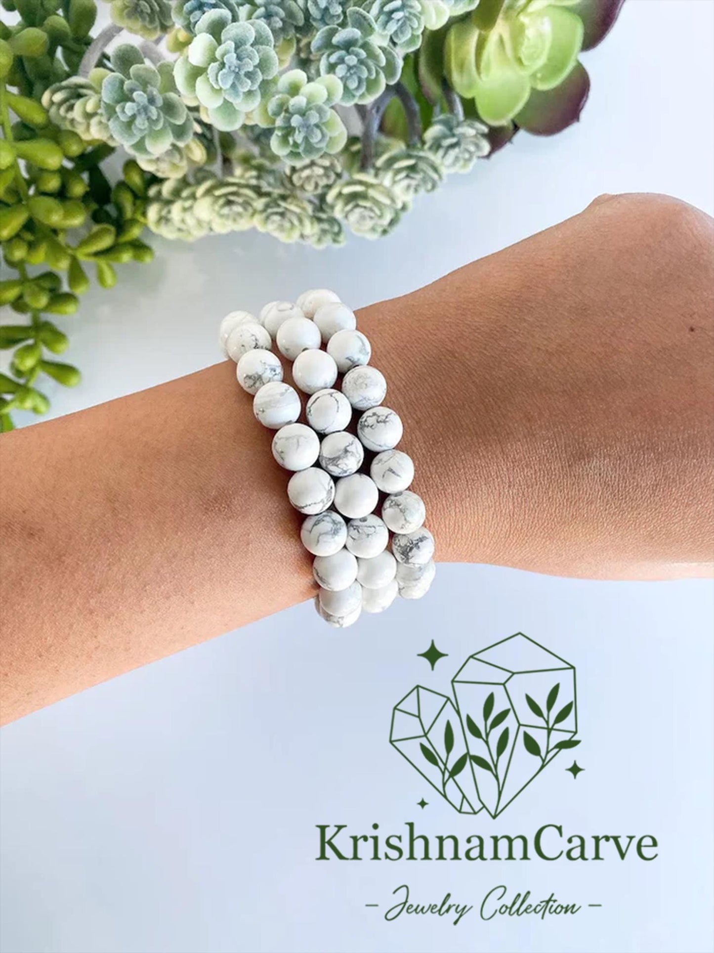 Calming Howlite Stone Bracelet | White Marble Beads | Stretchable Unisex Crystal Bracelet | Anxiety Relief | KrishnamCarve Jewelry
