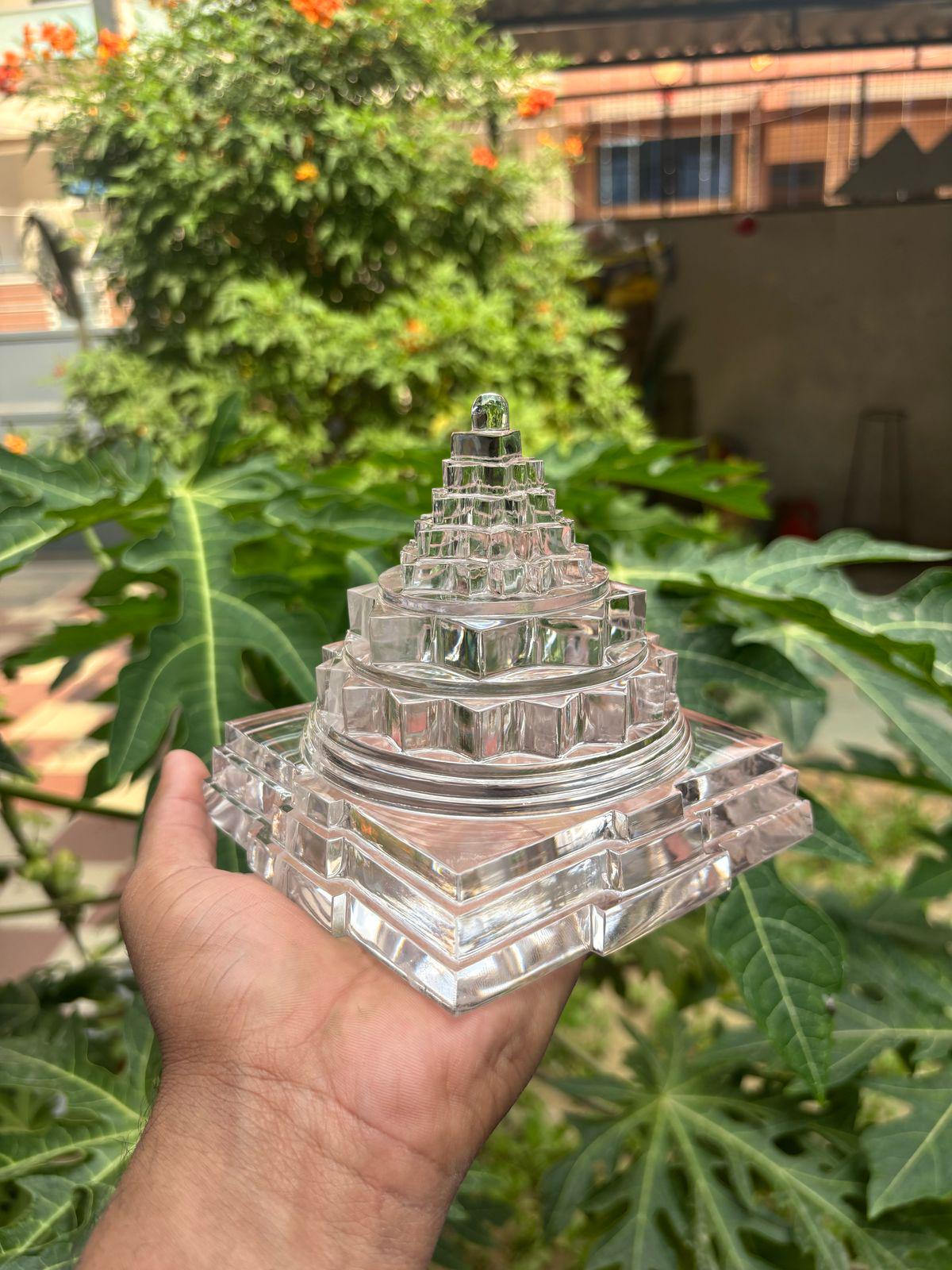 Clear Crystal Sri Yantra | Sacred Geometry Vastu Pyramid for Positive Energy, Meditation & Prosperity | Handmade Spiritual Decor Gift