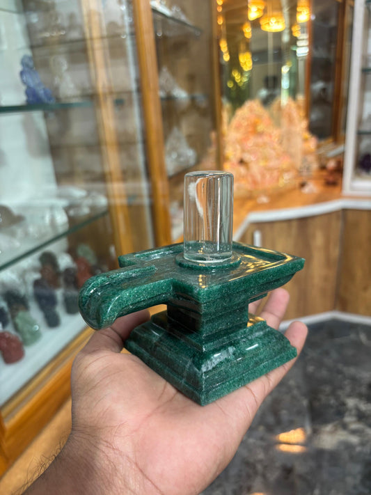 Green Aventurine Shivling with Sphatik Lingam – Handcrafted Shiva Lingam Idol for Puja & Meditation