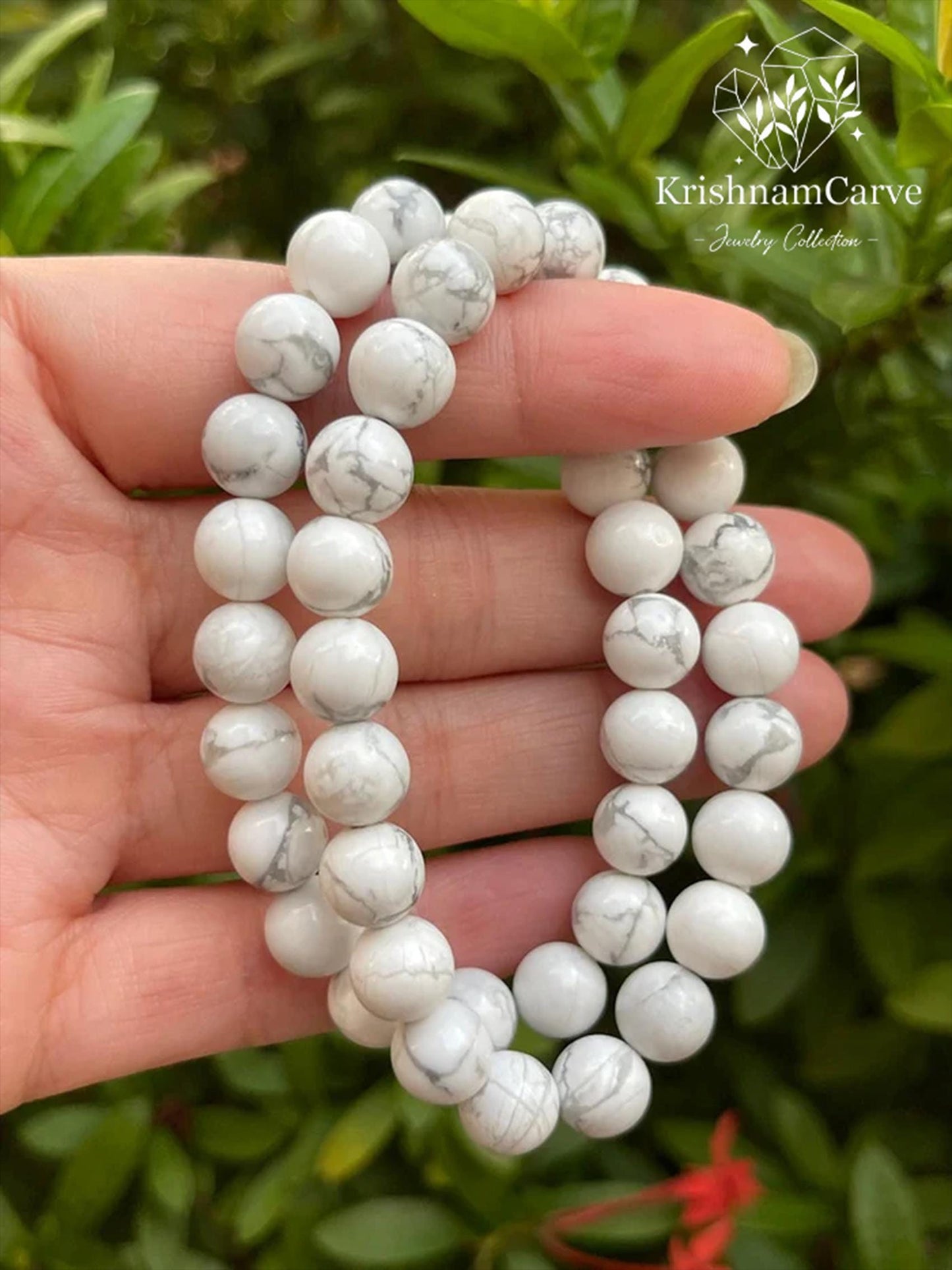 Calming Howlite Stone Bracelet | White Marble Beads | Stretchable Unisex Crystal Bracelet | Anxiety Relief | KrishnamCarve Jewelry
