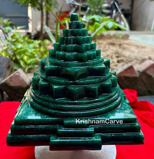 Hand-Carved Green Jade Shri Yantra | Natural Crystal Spiritual Pyramid | Vastu Energy Enhancer | Sacred Geometry for Wealth, Harmony & Medit