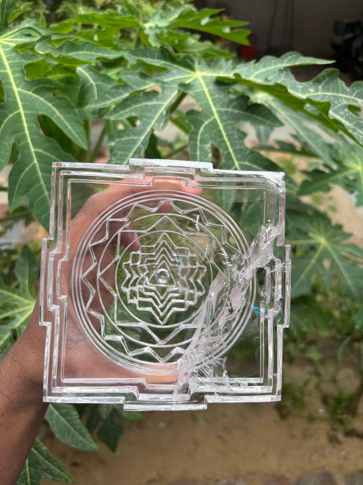 Clear Crystal Sri Yantra | Sacred Geometry Vastu Pyramid for Positive Energy, Meditation & Prosperity | Handmade Spiritual Decor Gift
