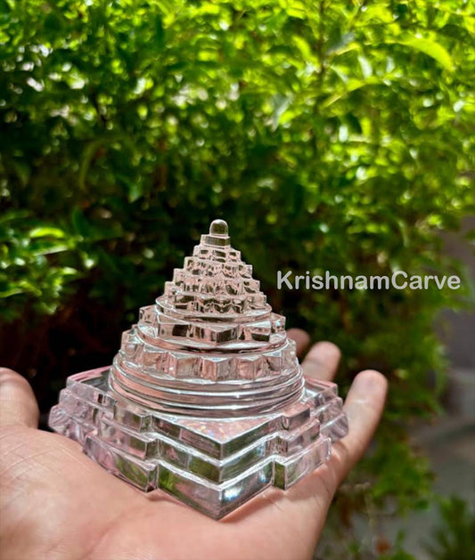 Clear Quartz Shree Yantra | Sphatik Shri Yantra Pyramid | Vastu Crystal for Wealth & Peace | Handmade Spiritual Gift by KrishnamCarve