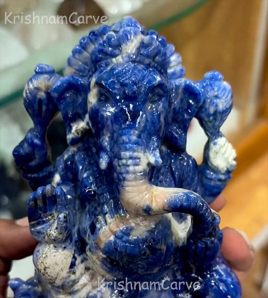 Blue Sodalite Ganesha Idol | Hand-Carved Ganesh Statue | Natural Crystal Stone | Hindu God Figurine | Home Temple Decor | KrishnamCarve