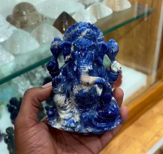Blue Sodalite Ganesha Idol | Hand-Carved Ganesh Statue | Natural Crystal Stone | Hindu God Figurine | Home Temple Decor | KrishnamCarve
