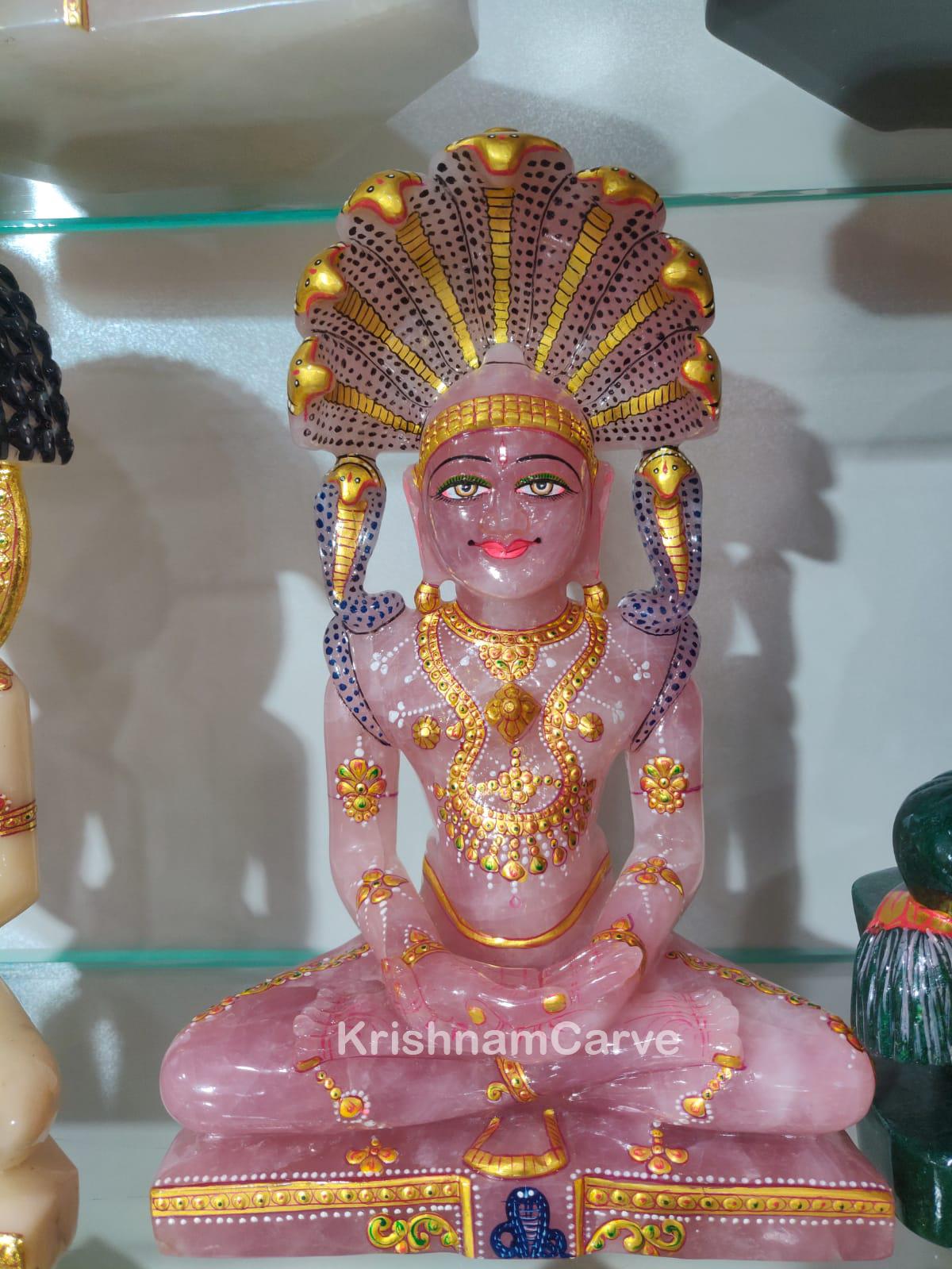 Hand-Carved Rose Quartz Jain Idol | Lord Parshvanath Statue | Natural Crystal Tirthankara Murti | Jain Temple Decor | KrishnamCarve