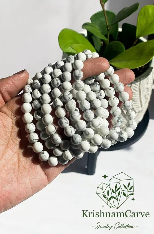 Calming Howlite Stone Bracelet | White Marble Beads | Stretchable Unisex Crystal Bracelet | Anxiety Relief | KrishnamCarve Jewelry