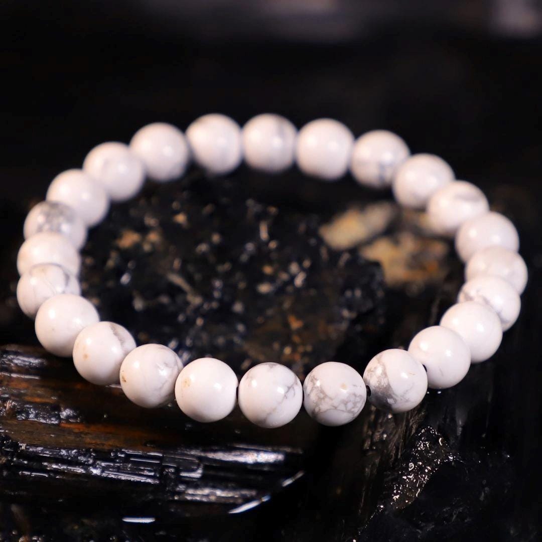 Calming Howlite Stone Bracelet | White Marble Beads | Stretchable Unisex Crystal Bracelet | Anxiety Relief | KrishnamCarve Jewelry