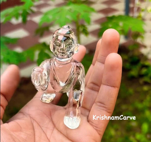 Rare Sphatik Laddu Gopal | Handmade Clear Quartz Krishna Idol | One-of-a-Kind Indian Crystal Murti for Puja & Spiritual Decor