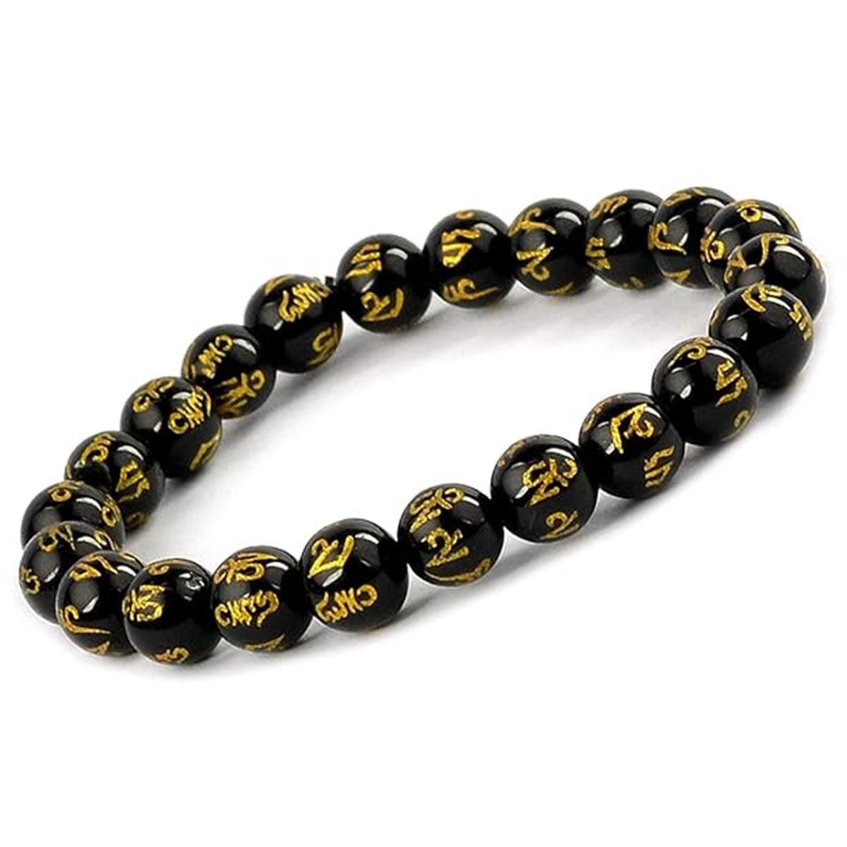 Black Obsidian Om Mani Padme Hum Bracelet – 8mm Tibetan Mantra Beads for Protection & Healing