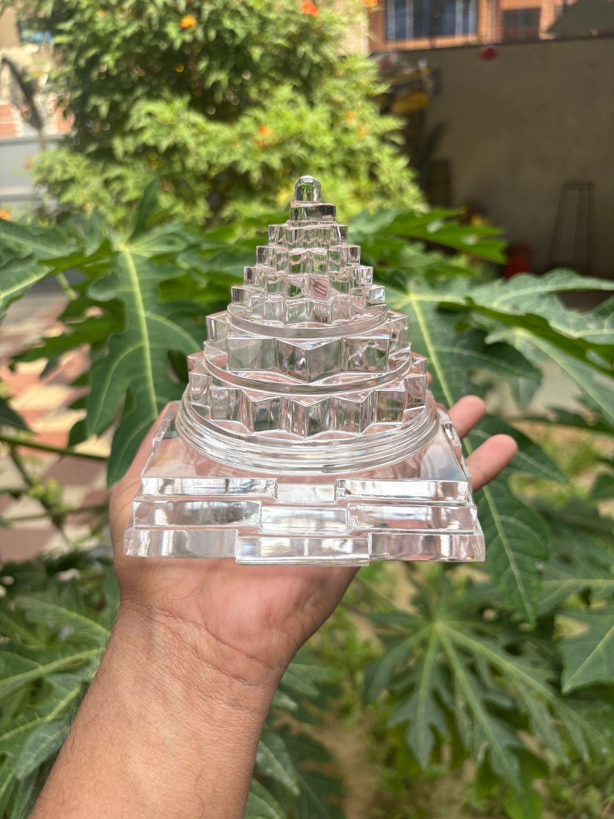 Clear Crystal Sri Yantra | Sacred Geometry Vastu Pyramid for Positive Energy, Meditation & Prosperity | Handmade Spiritual Decor Gift