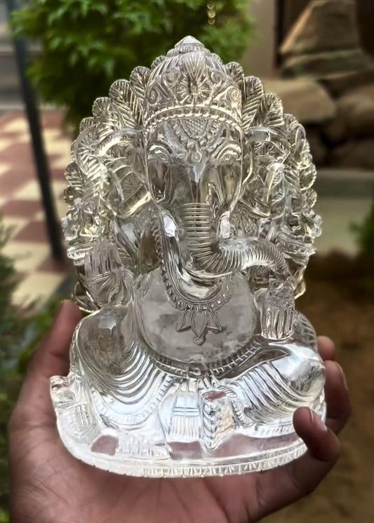 Clear Sphatik Ganesha Idol | Hand-Carved Quartz Ganapati Statue | Hindu God Figurine | Vastu Decor | Crystal Ganesha Murti | Spiritual Gift