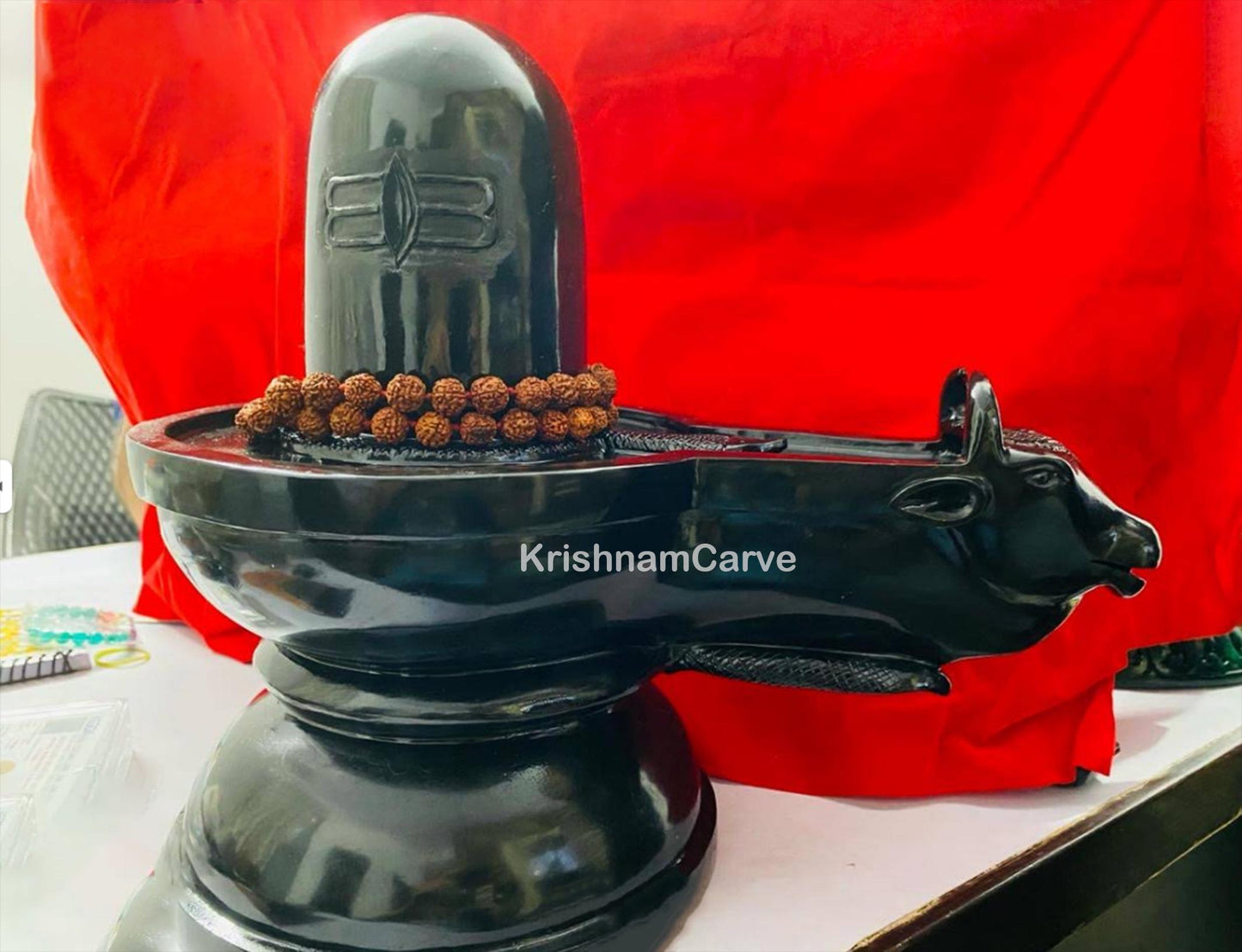 Black Stone Shivling with Nandi | Large Handmade Shivling Idol | Lord Shiva Lingam with Rudraksha Mala | Pooja Mandir Decor