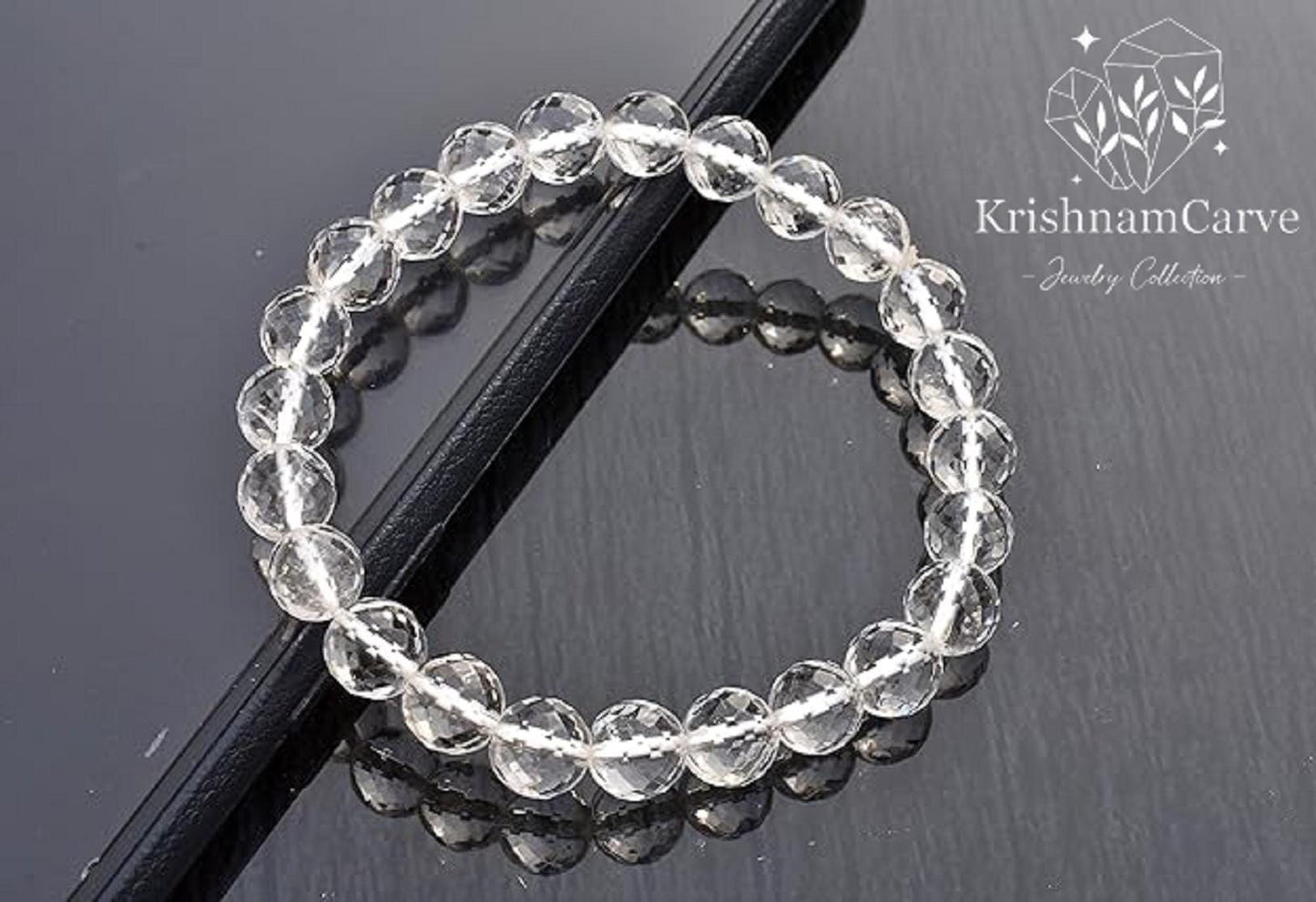 Clear Quartz Diamond Cut Bracelet | Sphatik Healing Crystal | Natural Faceted Gemstone | KrishnamCarve Spiritual Jewelry