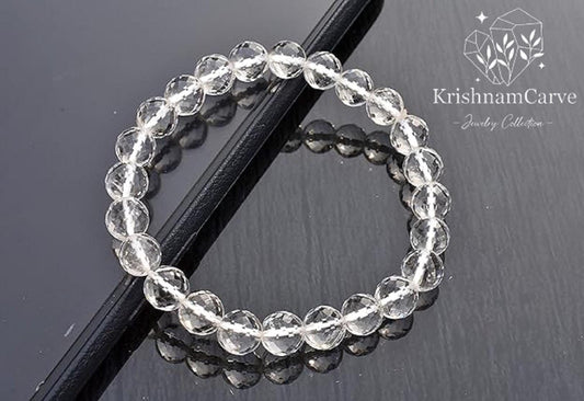 Clear Quartz Diamond Cut Bracelet | Sphatik Healing Crystal | Natural Faceted Gemstone | KrishnamCarve Spiritual Jewelry